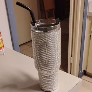Large Silver Rhinestone Tumbler with Steel Straw and Silicone Tip Unbranded